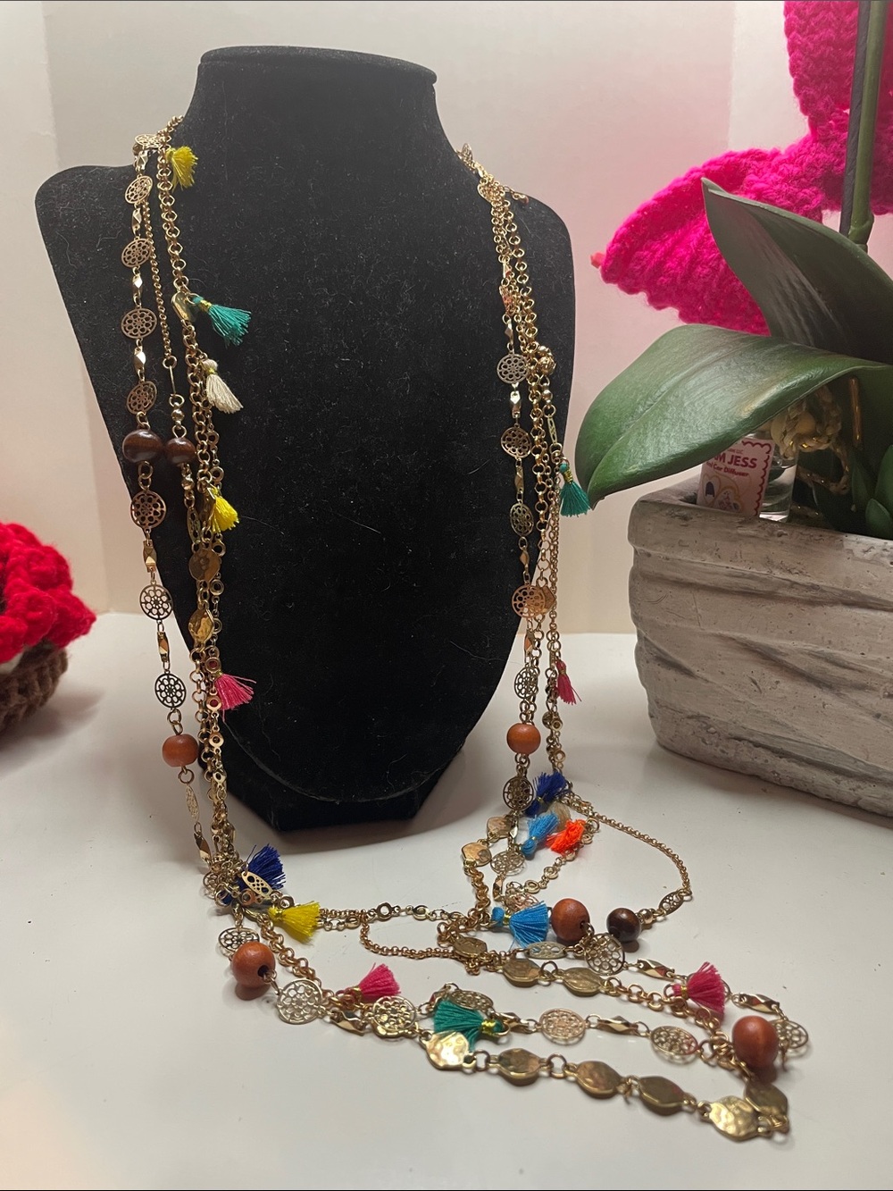 Lux Gold Long Multi-Tassel Necklace with Pink, Blue, Yellow & Green Accents